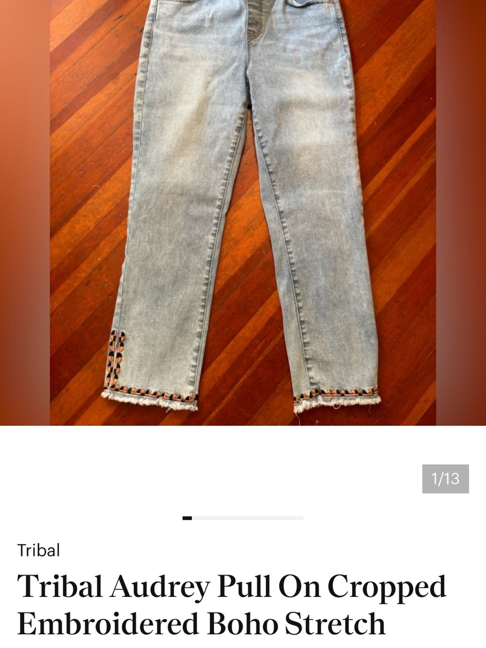 Tribal Light Blue Cropped Jeans with Embroidered Hem